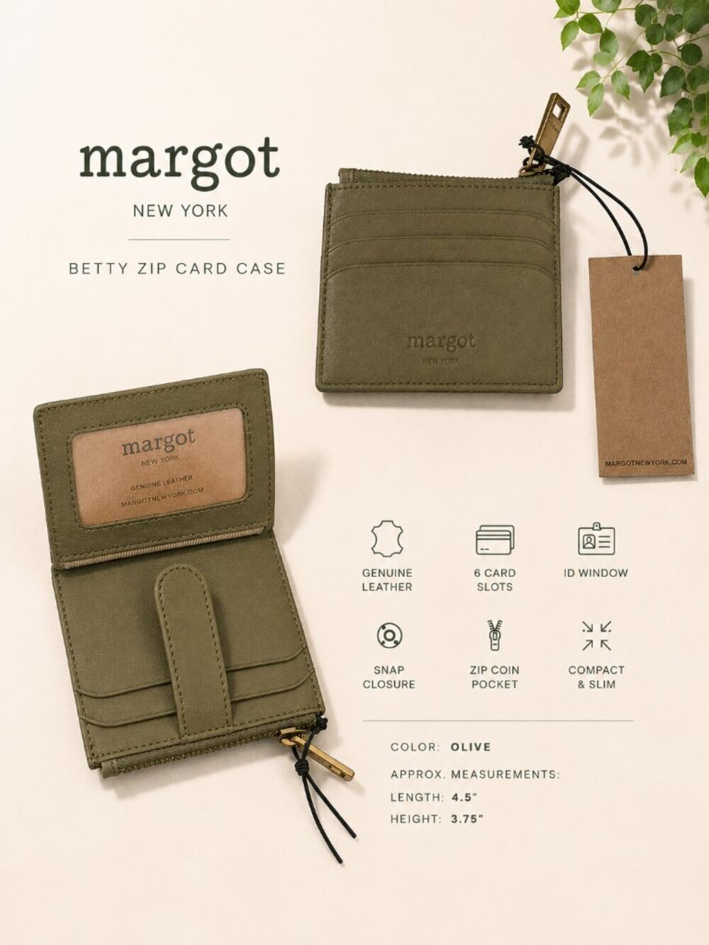 Margot Betty Zip Card Case Leather Wallet NWT Olive Green Minimalist Compact